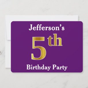Invitación Púrpura, Faux Gold Fiesta de cumpleaños 5 + Nombre