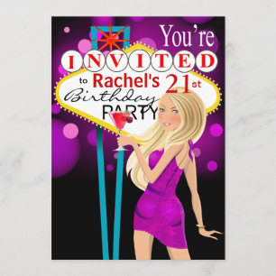 Invitación Púrpura Fiesta de cumpleaños 21 de Las Vegas
