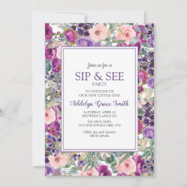 Invitación Púrpura Flora Rosa Bebé Bebé Sip Ver Ducha