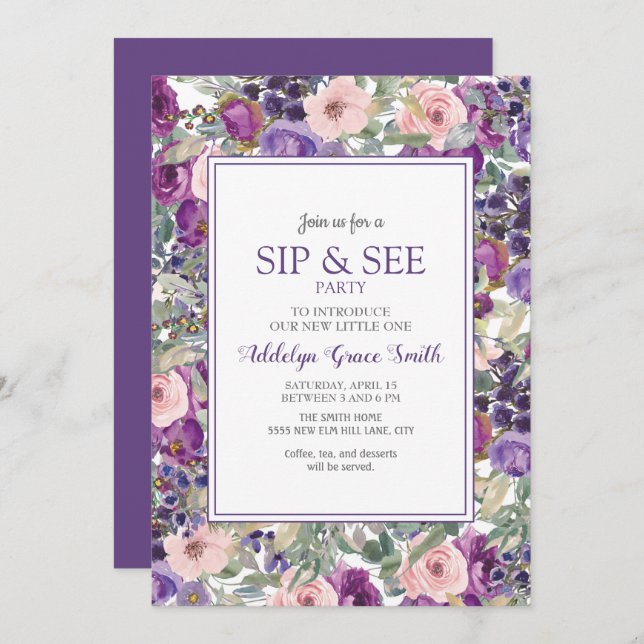 Invitación Púrpura Flora Rosa Bebé Bebé Sip Ver Ducha (Anverso / Reverso)