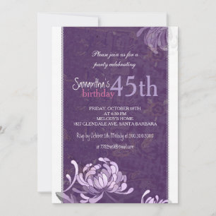 Invitación Púrpura Floral Blanca 45ª fiesta de cumpleaños