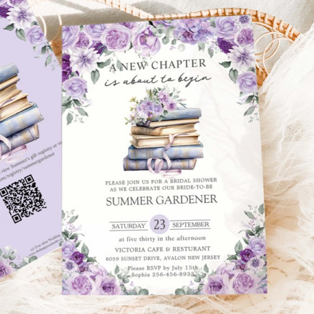 Invitación Púrpura Floral Books Nuevo capítulo Ducha de novia (Subido por el creador)