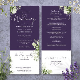 Invitación Púrpura Floral Botánica Todo En Un Boda