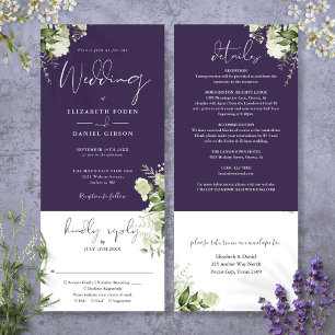 Invitación Púrpura Floral Botánica Todo En Un Boda
