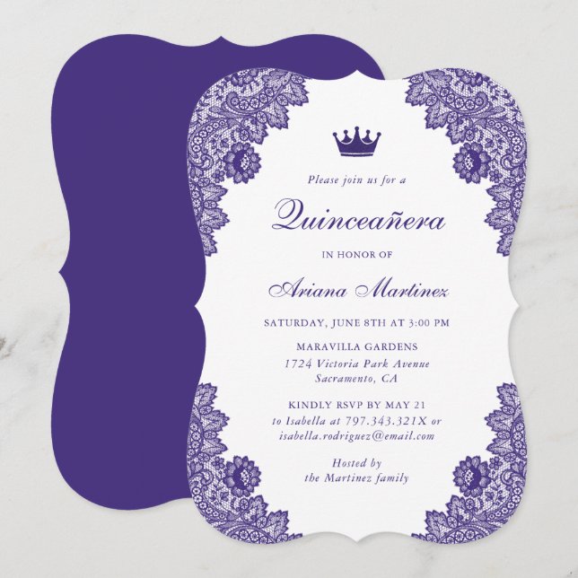 Invitación Púrpura Floral Lace Quinceañera 15º cumpleaños (Anverso / Reverso)