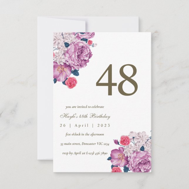 Invitación Púrpura Floral Moda Botánica Simple 48º cumpleaños (Anverso)
