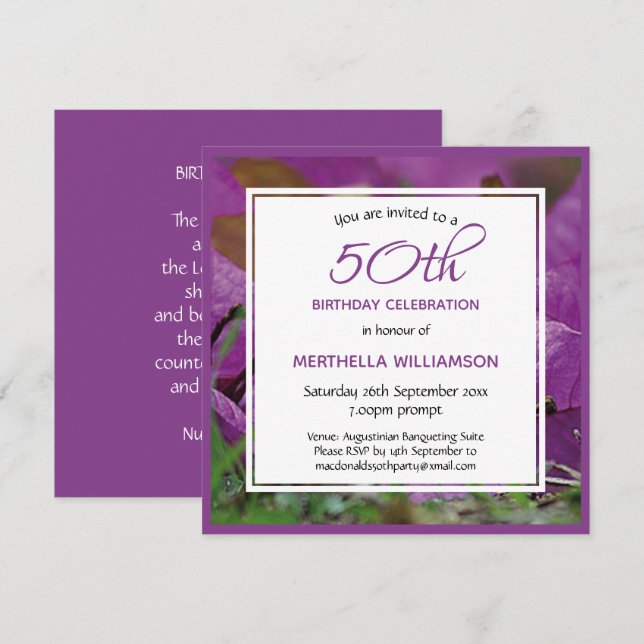 Invitación Púrpura Floral personalizada 50.ª plaza de cumplea (Anverso / Reverso)