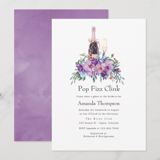 Invitación Púrpura Floral Pop Fizz Clink Ducha De Novias (Anverso / Reverso)