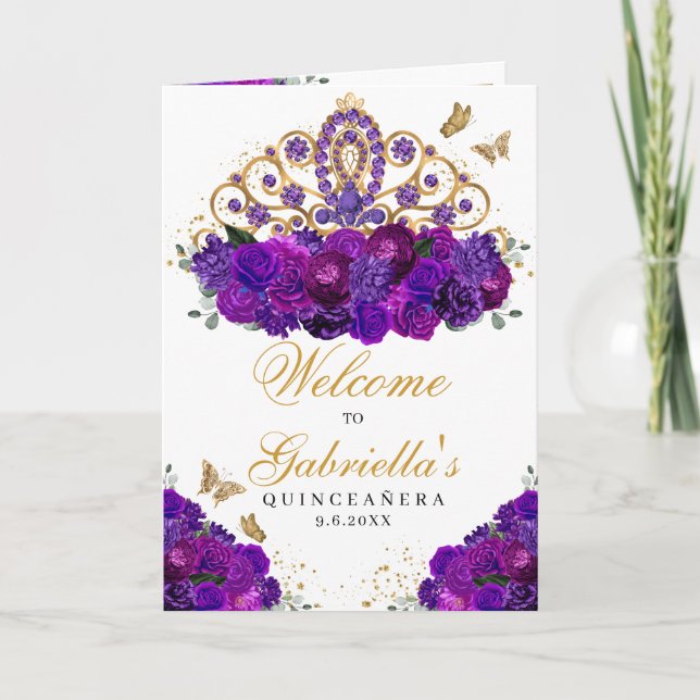 Invitación Púrpura Floral Princesa Tiara Quinceanera (Anverso)