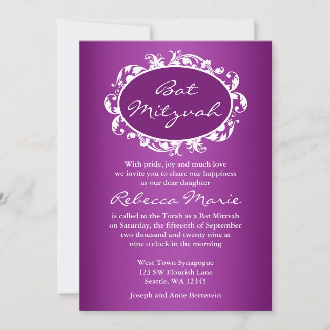 Invitación Púrpura Flouril Swirl Frame Bat Mitzvah (Anverso)