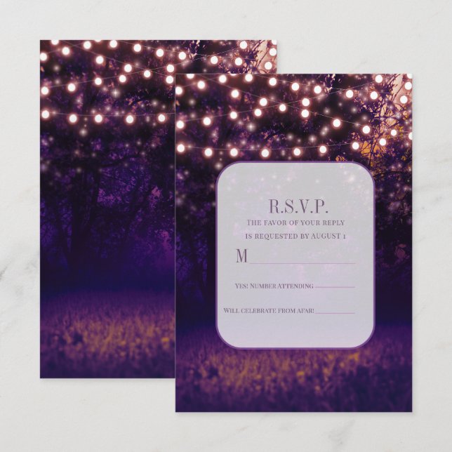 Invitación Púrpura Forest Sunset String Lights Wedding RSVP (Anverso / Reverso)