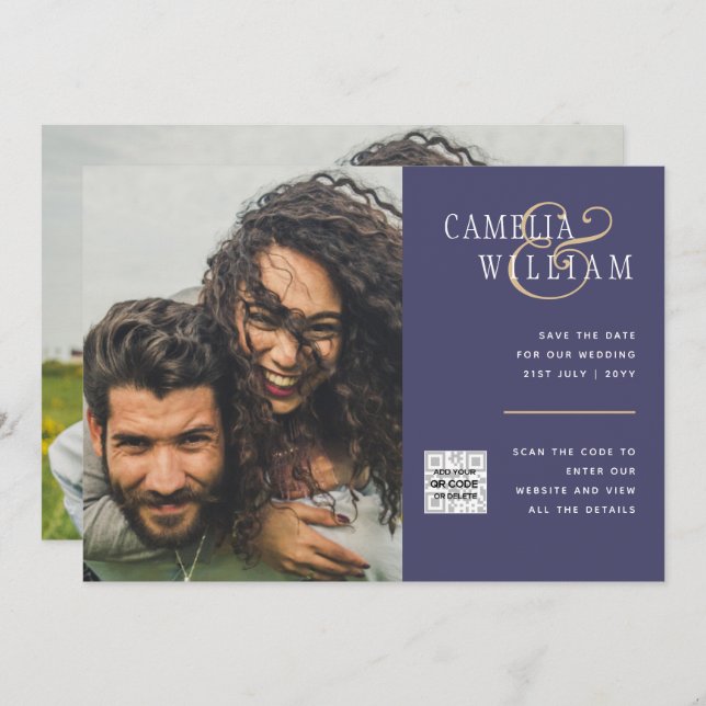 Invitación Púrpura FOTO BODA Invitar código QR Guardar fecha (Anverso / Reverso)