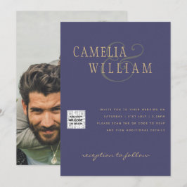 Invitación Púrpura foto Boda Invitar código QR Guardar fecha