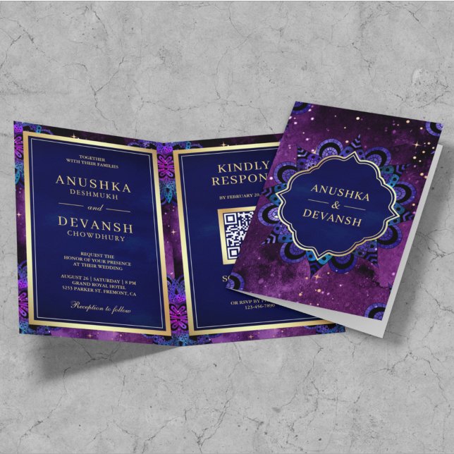 Invitación Púrpura galaxia azul Mandala Código QR Boda indio (Subido por el creador)