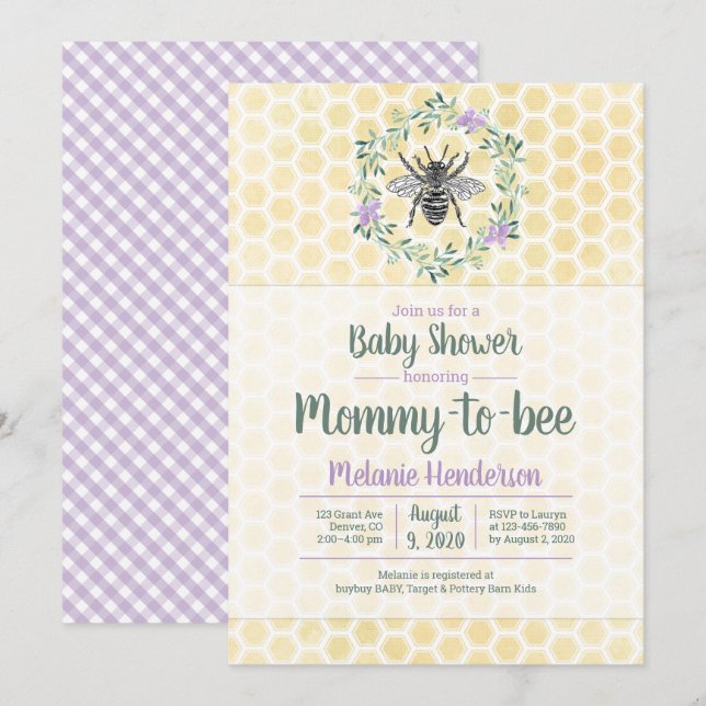Invitación púrpura, gingham, mamá para ser chica de la ducha  (Anverso / Reverso)