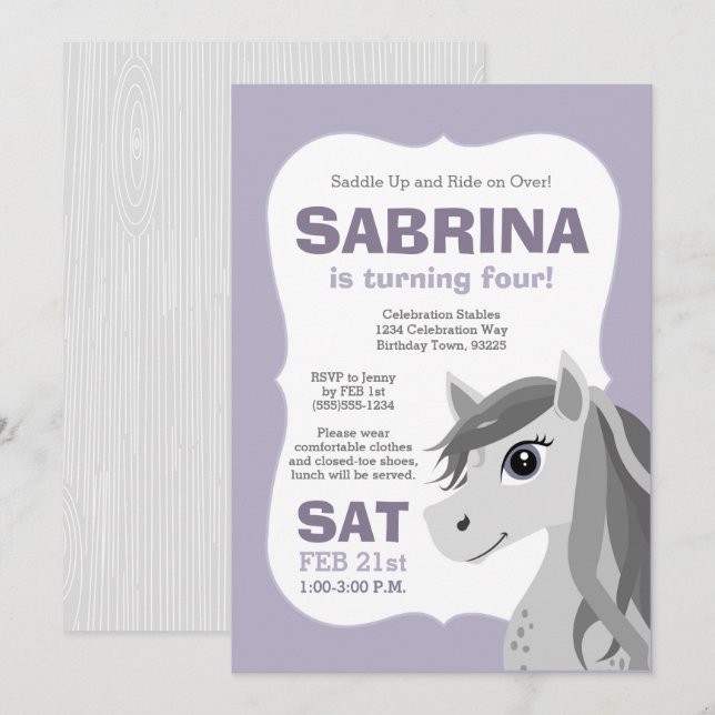 Invitación Púrpura gris de la fiesta de cumpleaños de la