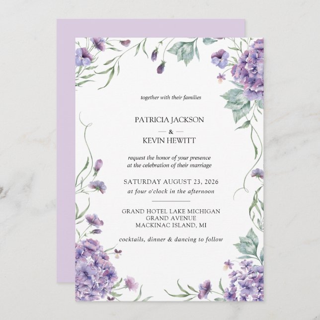 Invitación Púrpura Hidrangea Watercolor Floral Boda (Anverso / Reverso)