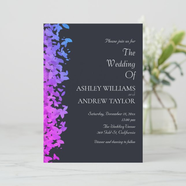 Invitación Púrpura Hoja Azul Rosa Elegante Boda de Marina Osc (Anverso de pie)