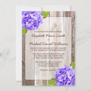 Invitación Púrpura Hydrangea Rustic Floral Barn Wood Boda