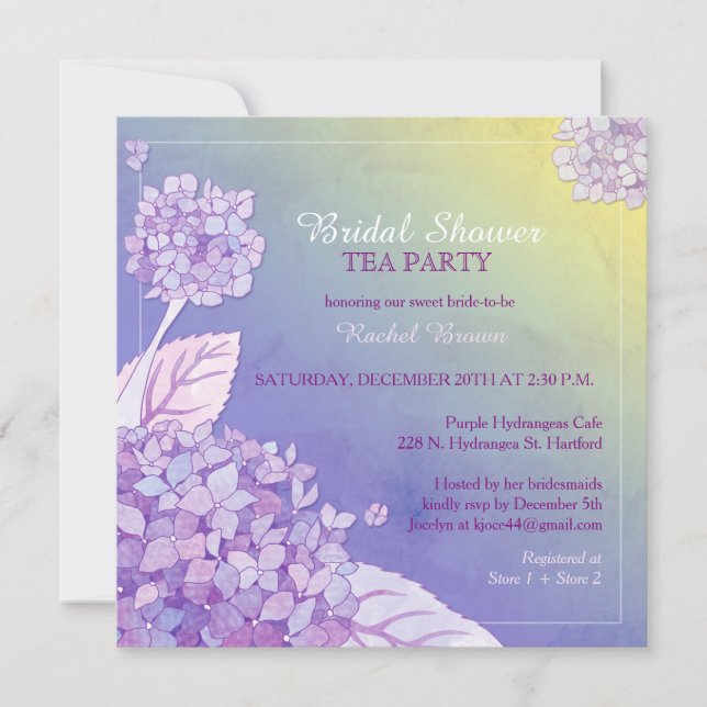 Invitación Púrpura Hydrangeas Bridal Shower Tea Fiesta (Anverso)