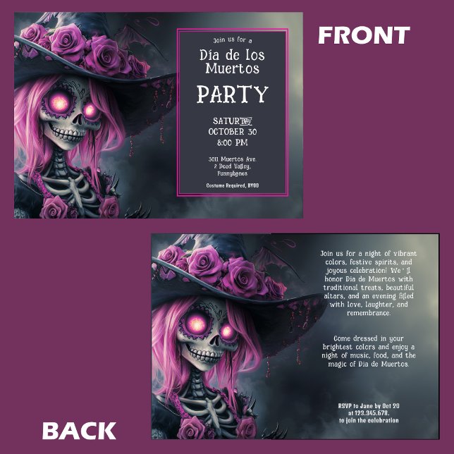 Invitación 💀 Púrpura La Calavera en gorra con flores (💀 Purple La Calavera in hat with flowers Invitation)