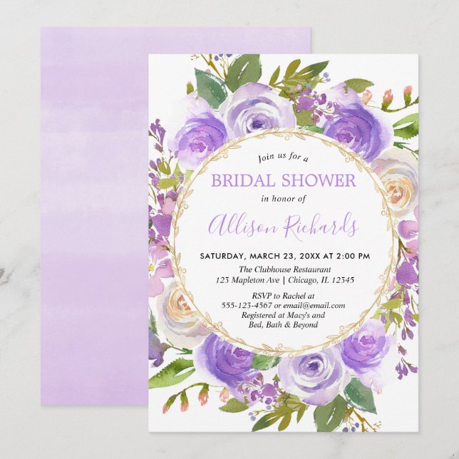 Invitación Púrpura lavanda floral acuarela ducha de novia (Anverso / Reverso)