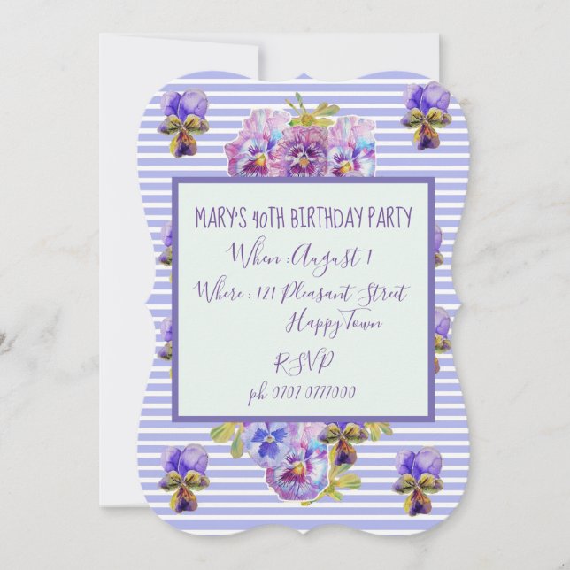 Invitación Púrpura Lavanda Pansy 40 cumpleaños (Anverso)
