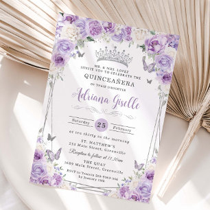 Invitación Púrpura Lilac Blanco Floral Plata Quinceañera XV 1