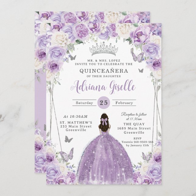 Invitación Púrpura Lilac Blanco Floral Plata Quinceañera XV 1 (Anverso / Reverso)