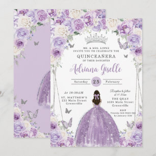 Invitación Púrpura Lilac Blanco Floral Plata Quinceañera XV 1
