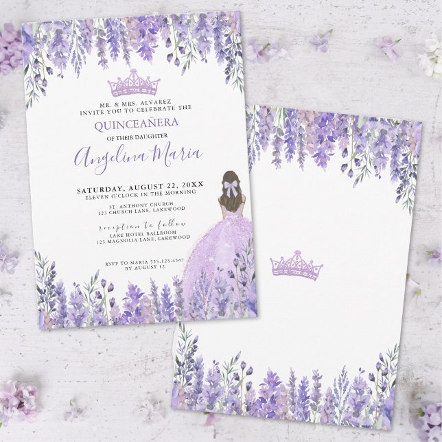 Invitación Púrpura Lilac Purpurina Tiara Floral Quinceañera (Purple Lilac Glitter Tiara Floral Quinceañera Invitation)