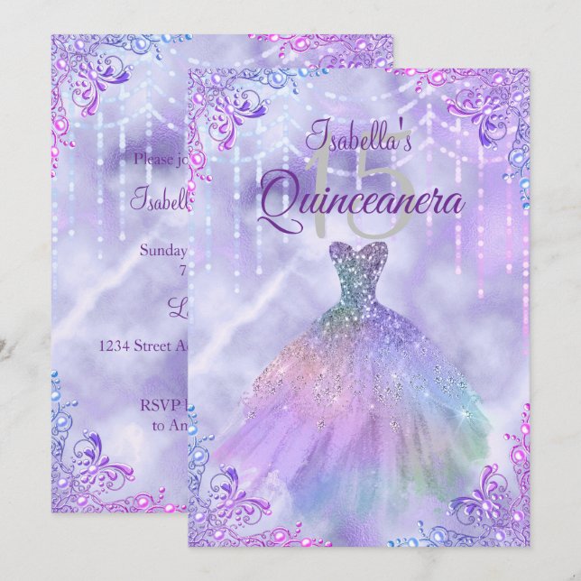 Invitación Púrpura Lilac Silver Pearl Gown Quinceanera Fiesta (Anverso / Reverso)