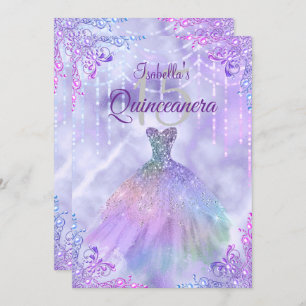 Invitación Púrpura Lilac Silver Pearl Gown Quinceanera Fiesta