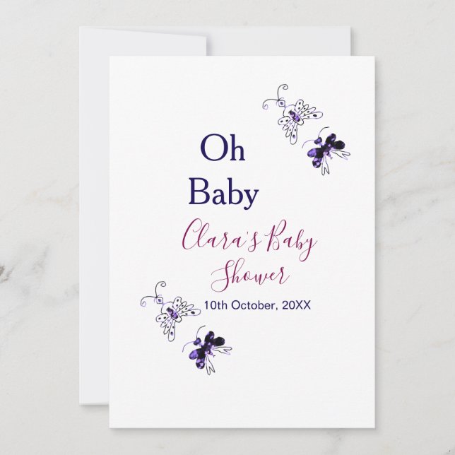 Invitación Púrpura mariposa rosa ducha de bebé oh bebé modern (Anverso)