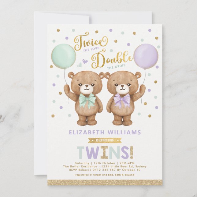 Invitación Púrpura Mint Teddy Bear Balloon Twin Baby Shower (Anverso)
