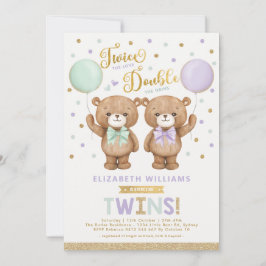 Invitación Púrpura Mint Teddy Bear Balloon Twin Baby Shower