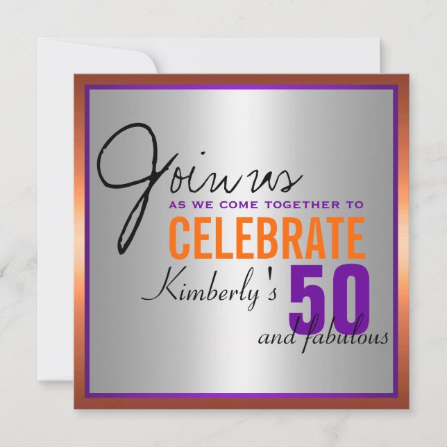 Invitación Púrpura + Naranja + Plata - 50.o cumpleaños (Anverso)