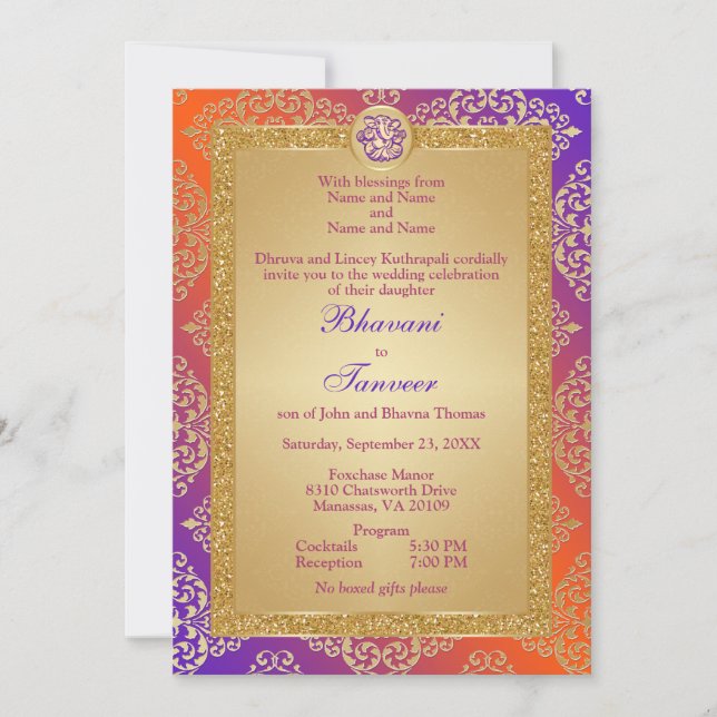 Invitación Púrpura, Naranja, Purpurina de Gold FAUX Ganesha (Anverso)