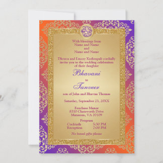 Invitación Púrpura, Naranja, Purpurina de Gold FAUX Ganesha
