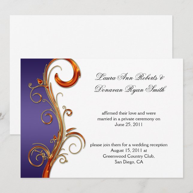 Invitación Púrpura Naranja y dorado ornato Swirls (Anverso / Reverso)