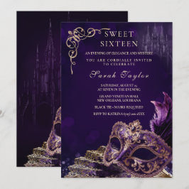 Invitación Púrpura Negro Dulce 16 Mascarada Elegante Venecian