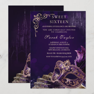 Invitación Púrpura Negro Dulce 16 Mascarada Elegante Venecian