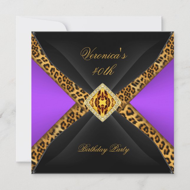 Invitación Púrpura Oro Negro Leopard Jewel 40 cumpleaños (Anverso)