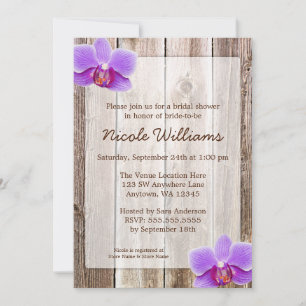 Invitación Púrpura Orquídea Rústica Barn Madera Ducha de novi