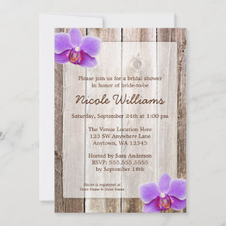 Invitación Púrpura Orquídea Rústica Barn Madera Ducha de novi