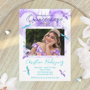 Invitación Púrpura, Orquídea Turquesa, Libélulas Quinceañera