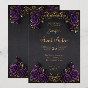 Invitación Púrpura oscuro floral gótico Sweet 16