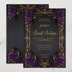 Invitación Púrpura oscuro floral gótico Sweet 16