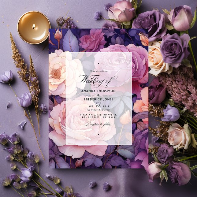 Invitación Púrpura oscuro, lavanda y Boda de oro Rosa (Subido por el creador)