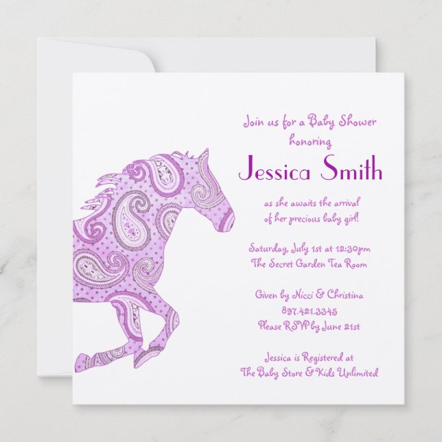 Invitación Púrpura Paisley Horse Baby Shower (Anverso)